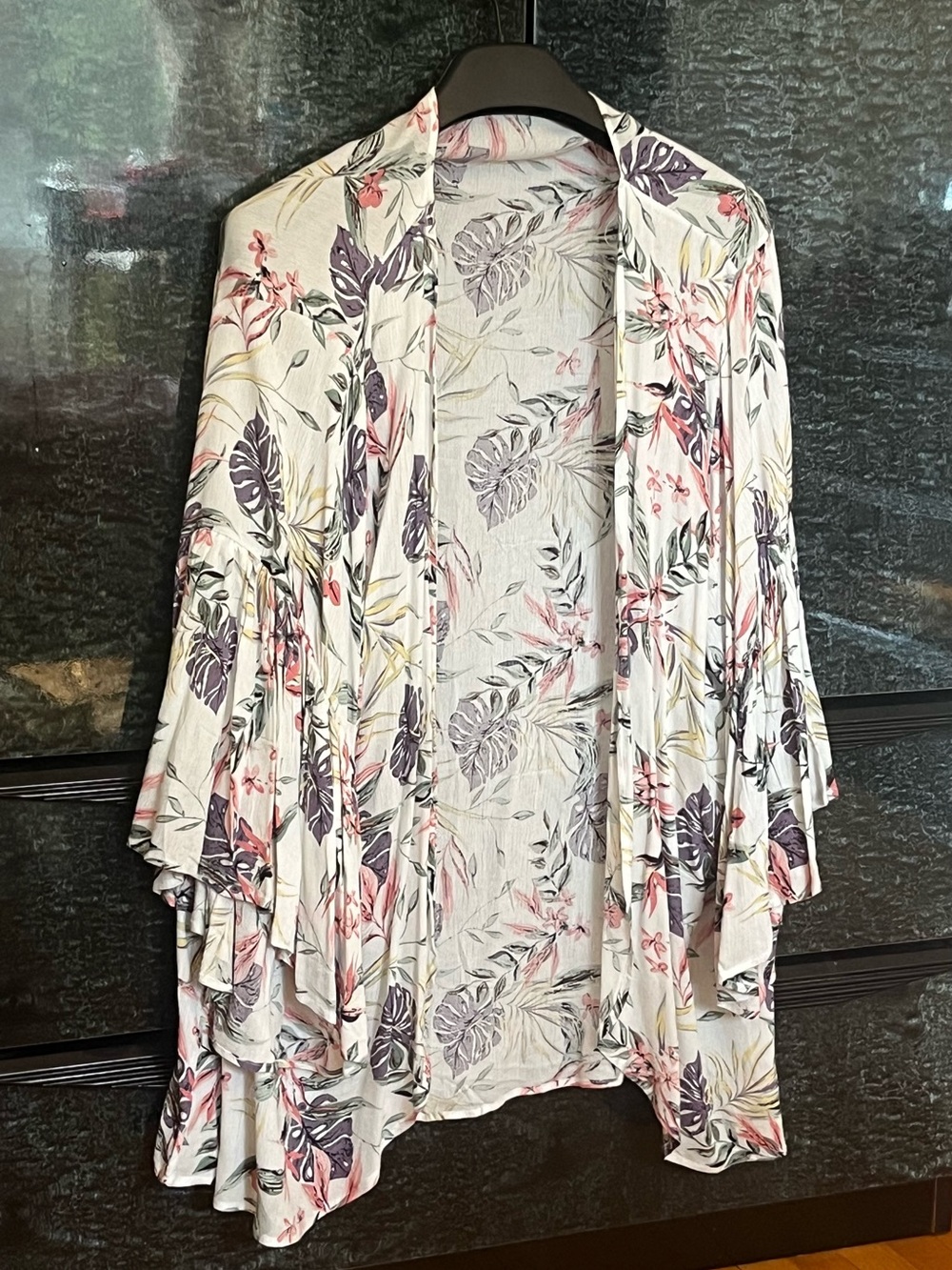 Floral Leaf Print Open Front Kimono